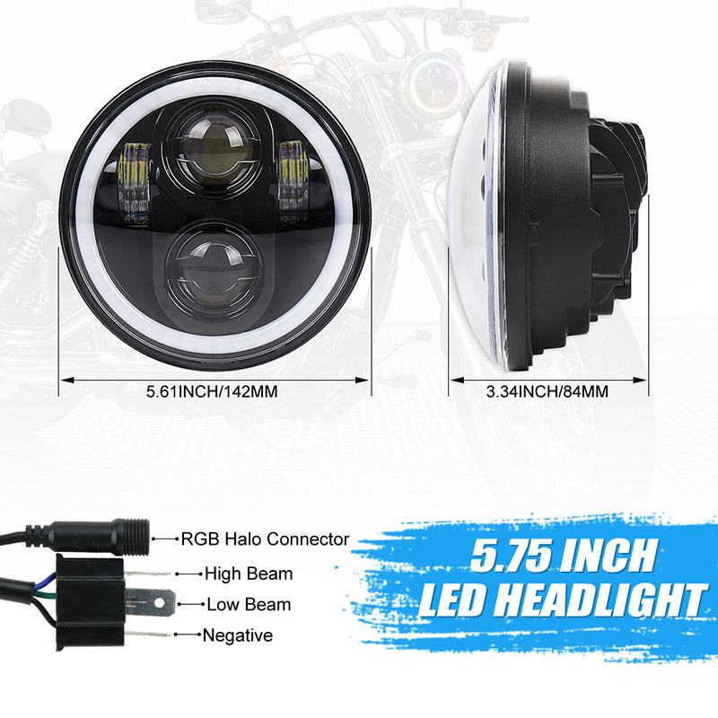 OVOVS 5.75 Inch Round Headlight With High Low Beam RGB Halo for Harley