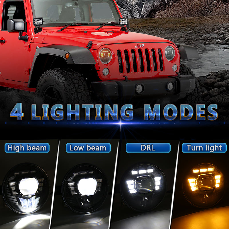 OVOVS 7 Inch LED Headlight with High/Lo Beam DRL Turn Signal Left Hand Drive For Jeep Wrangler JK TJ CJ