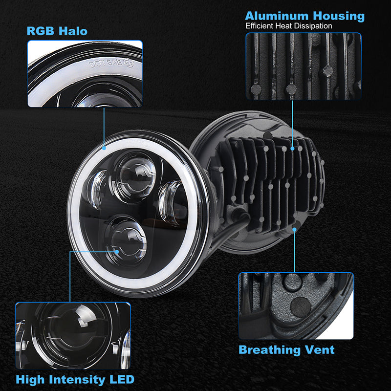 OVOVS 5.75 Inch Round Headlight With High Low Beam RGB Halo for Harley